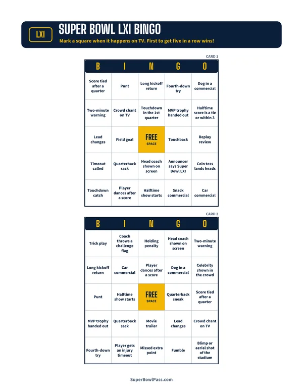 Printable Super Bowl LXI bingo cards