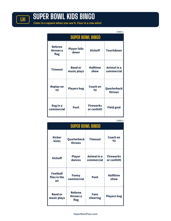 Printable Super Bowl kids bingo cards, 4 by 4 with simple squares