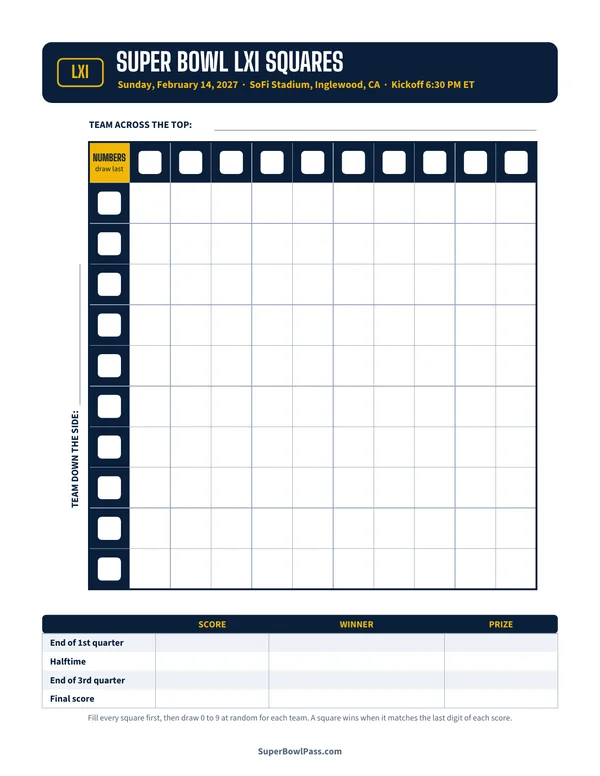 Printable Super Bowl LXI squares template