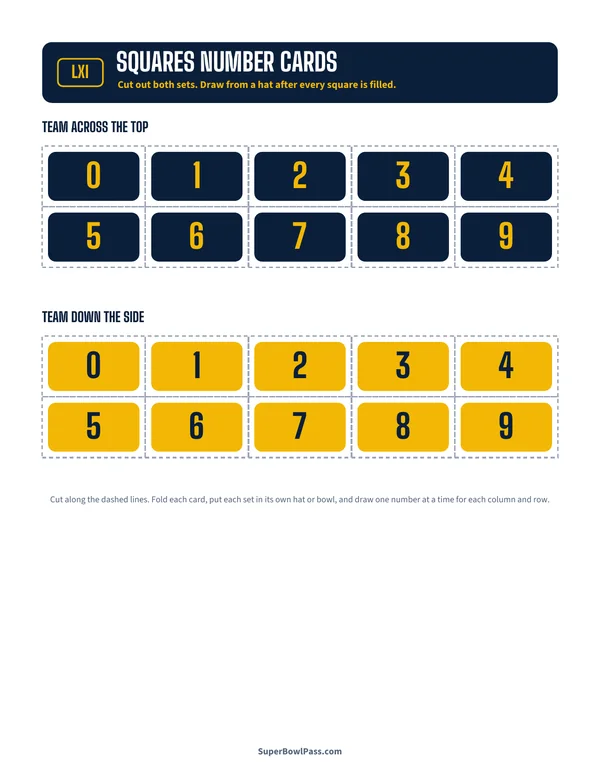 Printable 0 to 9 number cards for drawing Super Bowl squares numbers